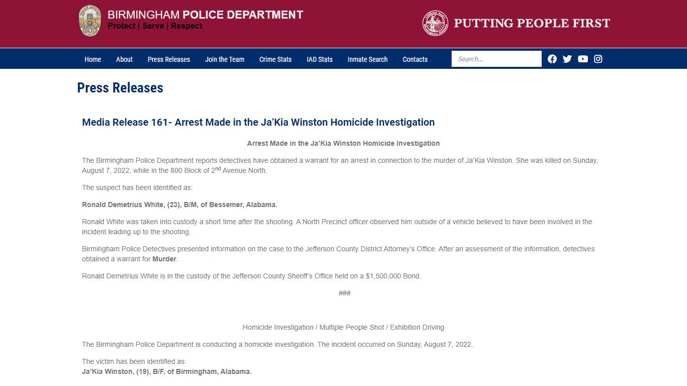 Arrest Made in the Ja’Kia Winston Homicide Investigation