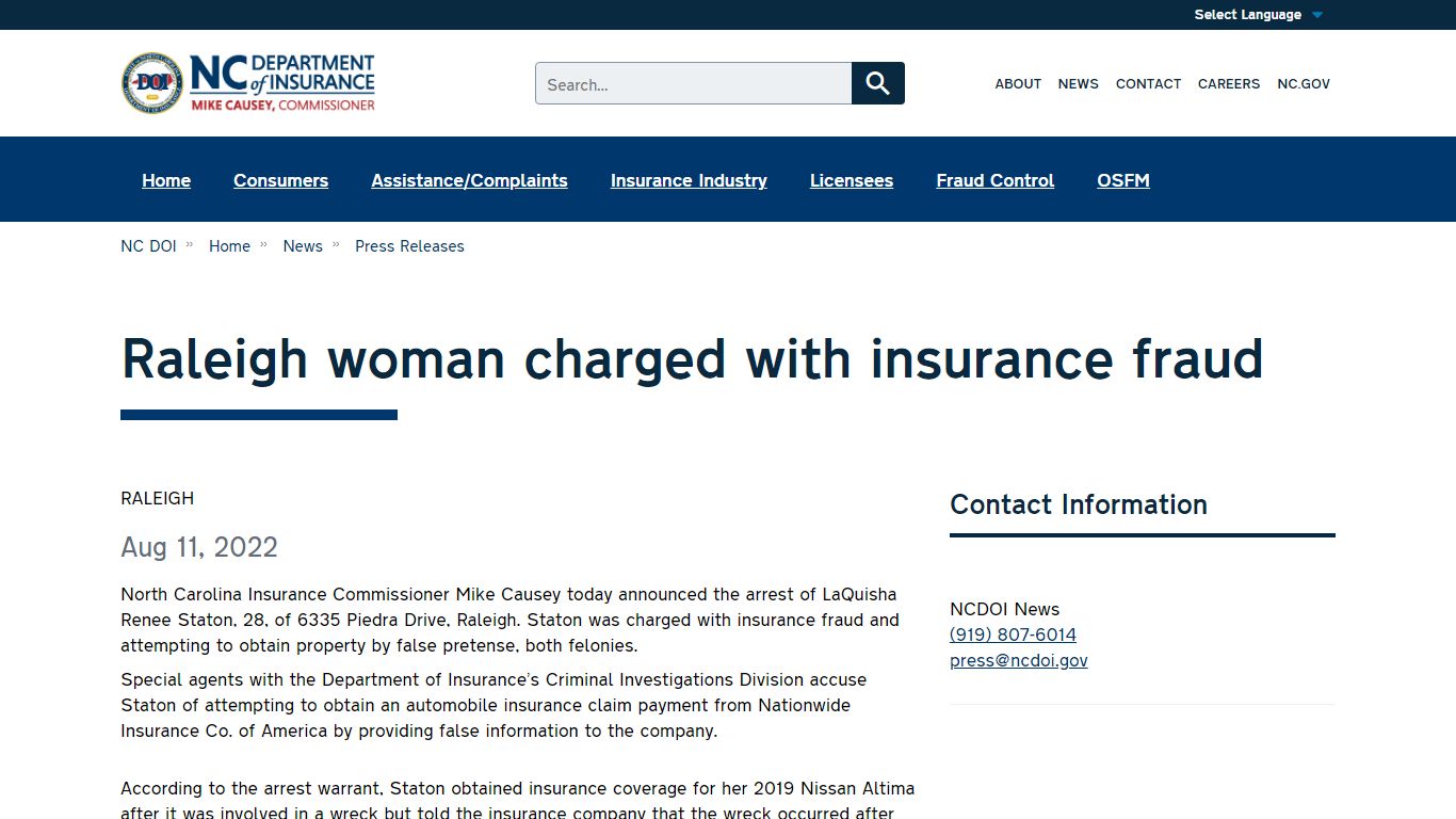 Raleigh woman charged with insurance fraud | NC DOI